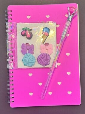 Pink Heart Spiral Notebook with Decorative Charms & Gem Pen